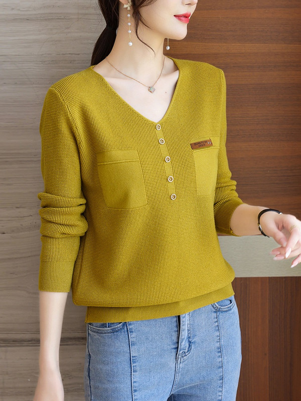 TuangBiang Φθινόπωρο 2023 Διακοσμητική τσέπη με στρας με λαιμόκοψη Χειμερινό χαλαρό κομψό πουλόβερ Κορεατικά γυναικεία πλεκτά μπλουζάκια