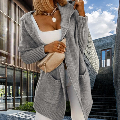 Vintage μακριές πλεκτές ζακέτες γυναικείες τσέπες 2023 με κουκούλα Άνοιξη φθινόπωρο χειμερινό πουλόβερ Εξωτερικά πουλόβερ Y2k Μπουφάν παλτό πουλόβερ