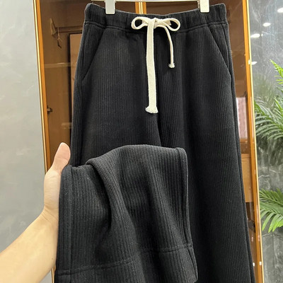 Есен и зима 2023 г. Нови широки ежедневни панталони с връзки и еластична талия плюс поларени широки ежедневни панталони с прави крачоли Дамски дрехи за жени