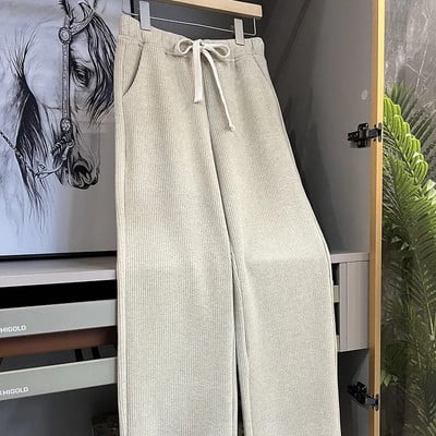 Есен и зима 2023 г. Нови широки ежедневни панталони с връзки и еластична талия плюс поларени широки ежедневни панталони с прави крачоли Дамски дрехи за жени