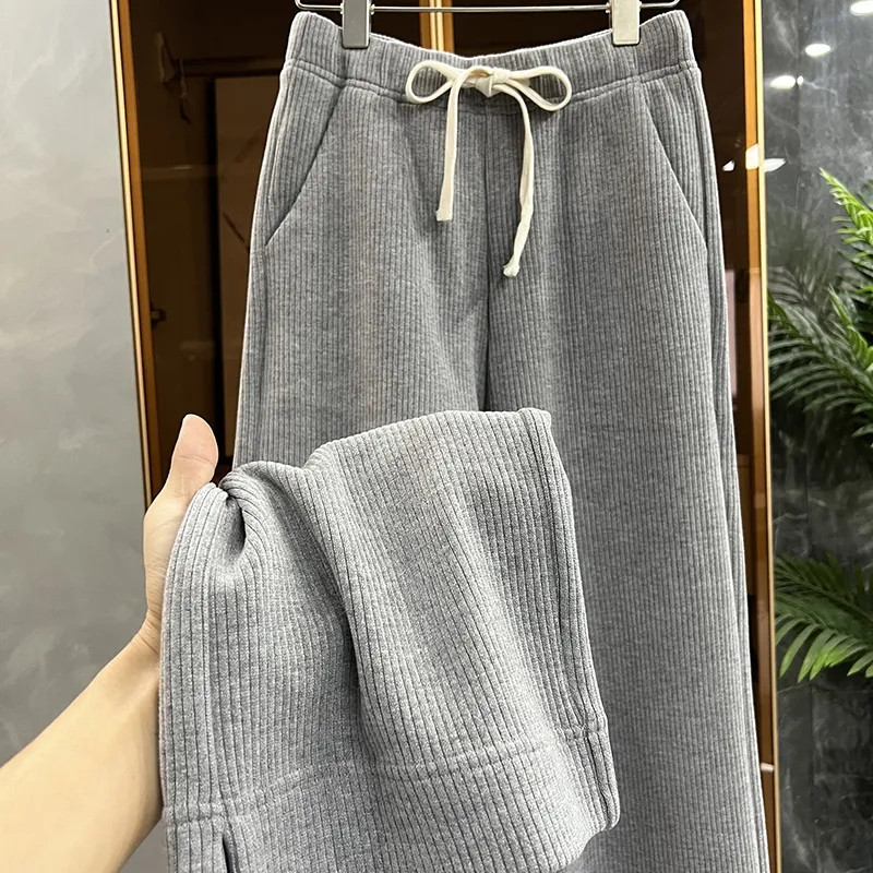 Есен и зима 2023 г. Нови широки ежедневни панталони с връзки и еластична талия плюс поларени широки ежедневни панталони с прави крачоли Дамски дрехи за жени