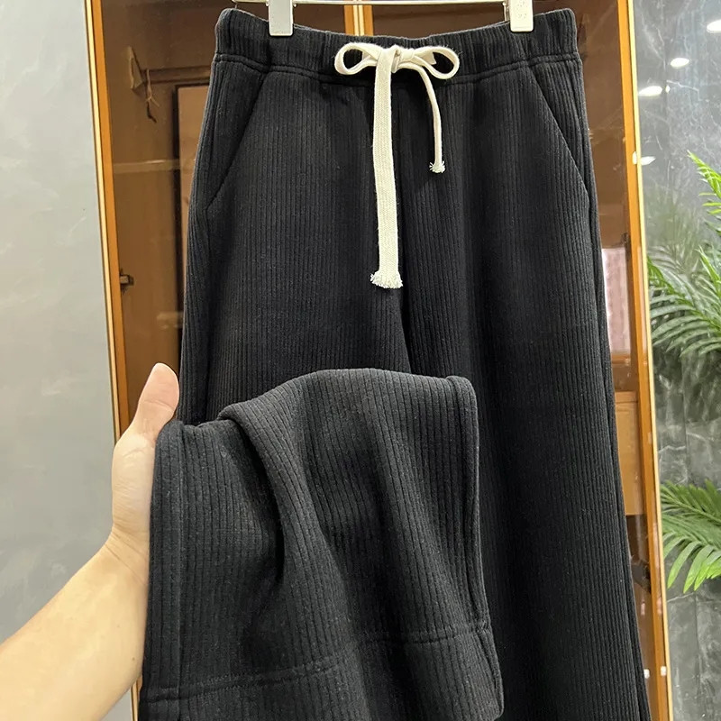 Есен и зима 2023 г. Нови широки ежедневни панталони с връзки и еластична талия плюс поларени широки ежедневни панталони с прави крачоли Дамски дрехи за жени