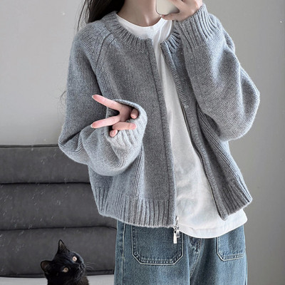 Πλεκτό με φερμουάρ Γυναικεία ζακέτα Vintage 2023 Άνοιξη Φθινόπωρο Χειμώνας Off White Jumpers Εξωτερικά Πουλόβερ Μπουφάν Y2k Παλτό Πουλόβερ