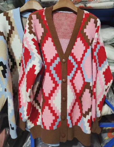 Naiste teemant Jacquard kampsun Sügistalv Lihtne Pullover Roosa Kardigan Kootud Elastne Kampsun Vabaaja soojad Y2k Top džemprid