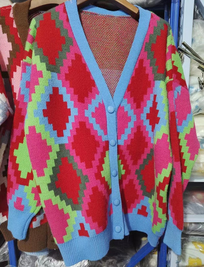 Naiste teemant Jacquard kampsun Sügistalv Lihtne Pullover Roosa Kardigan Kootud Elastne Kampsun Vabaaja soojad Y2k Top džemprid