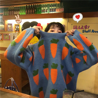 Γυναικεία πουλόβερ Καρότα εμπριμέ πουλόβερ με λαιμόκοψη Πλεκτά πουλόβερ Χαριτωμένα υπέροχα παχύ φοιτητικά ρούχα Κορεάτικου στυλ Λεπτά μαλακά