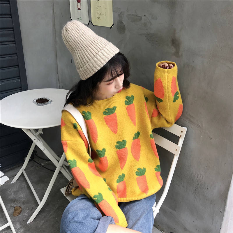 Γυναικεία πουλόβερ Καρότα εμπριμέ πουλόβερ με λαιμόκοψη Πλεκτά πουλόβερ Χαριτωμένα υπέροχα παχύ φοιτητικά ρούχα Κορεάτικου στυλ Λεπτά μαλακά