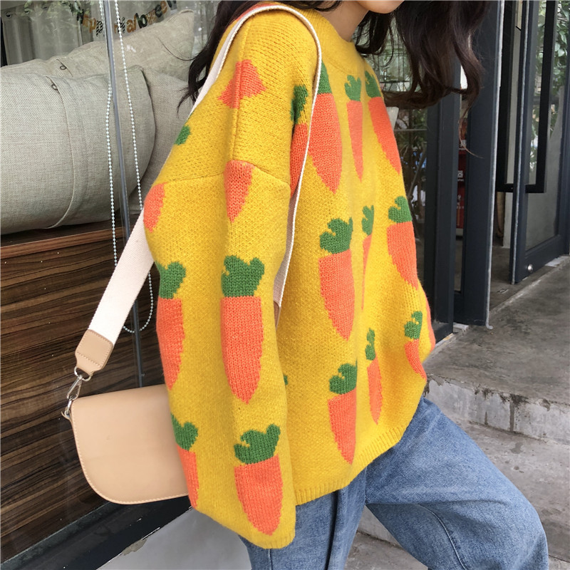 Γυναικεία πουλόβερ Καρότα εμπριμέ πουλόβερ με λαιμόκοψη Πλεκτά πουλόβερ Χαριτωμένα υπέροχα παχύ φοιτητικά ρούχα Κορεάτικου στυλ Λεπτά μαλακά