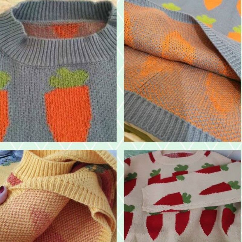 Γυναικεία πουλόβερ Καρότα εμπριμέ πουλόβερ με λαιμόκοψη Πλεκτά πουλόβερ Χαριτωμένα υπέροχα παχύ φοιτητικά ρούχα Κορεάτικου στυλ Λεπτά μαλακά