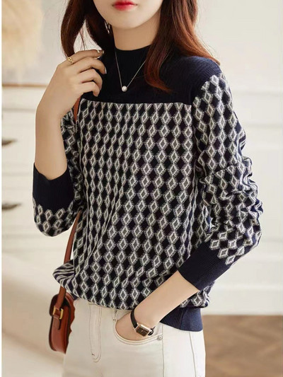 Πουλόβερ μόδας τοπ 2022 Γυναικεία Φθινόπωρο Νέα Αντίθεση Χρώμα Διαμαντένιο καρό πουλόβερ με μισό ζιβάγκο πλεκτό πουλόβερ Keep Warm Commute