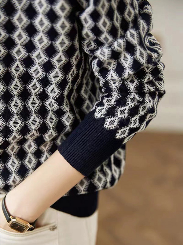 Πουλόβερ μόδας τοπ 2022 Γυναικεία Φθινόπωρο Νέα Αντίθεση Χρώμα Διαμαντένιο καρό πουλόβερ με μισό ζιβάγκο πλεκτό πουλόβερ Keep Warm Commute
