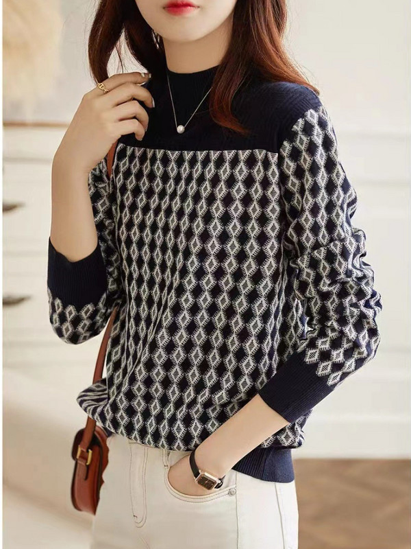 Πουλόβερ μόδας τοπ 2022 Γυναικεία Φθινόπωρο Νέα Αντίθεση Χρώμα Διαμαντένιο καρό πουλόβερ με μισό ζιβάγκο πλεκτό πουλόβερ Keep Warm Commute