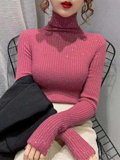 Talvised kilpkaelusega kampsunid naiste sädelevad teemanttopid Slim Fit pullover Naiste kootud kampsun džemprid Paks soe pull ZY7202