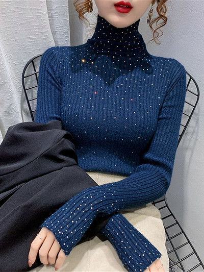 Talvised kilpkaelusega kampsunid naiste sädelevad teemanttopid Slim Fit pullover Naiste kootud kampsun džemprid Paks soe pull ZY7202