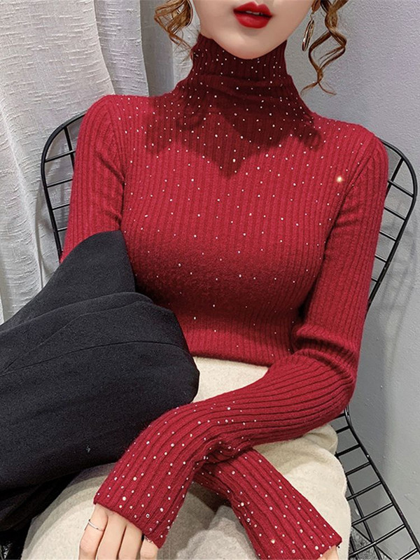 Talvised kilpkaelusega kampsunid naiste sädelevad teemanttopid Slim Fit pullover Naiste kootud kampsun džemprid Paks soe pull ZY7202