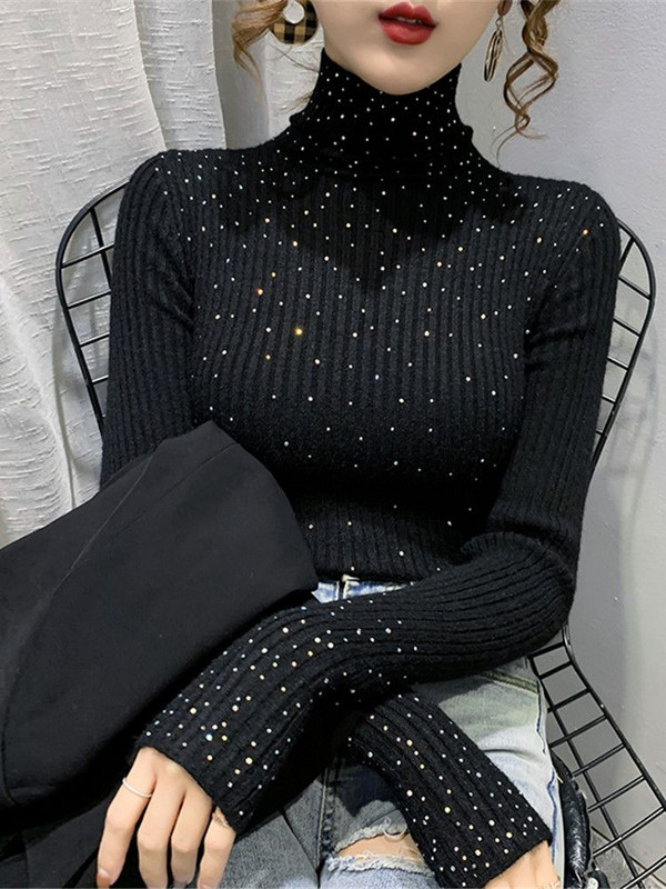 Talvised kilpkaelusega kampsunid naiste sädelevad teemanttopid Slim Fit pullover Naiste kootud kampsun džemprid Paks soe pull ZY7202