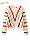 Yitimuceng Rainbow ριγέ πουλόβερ Γυναικεία 2023 Νέα μόδα Μακρυμάνικο O λαιμό Φθινοπωρινό χειμερινό πουλόβερ Χαλαρά πλεκτά κομψά πουλόβερ