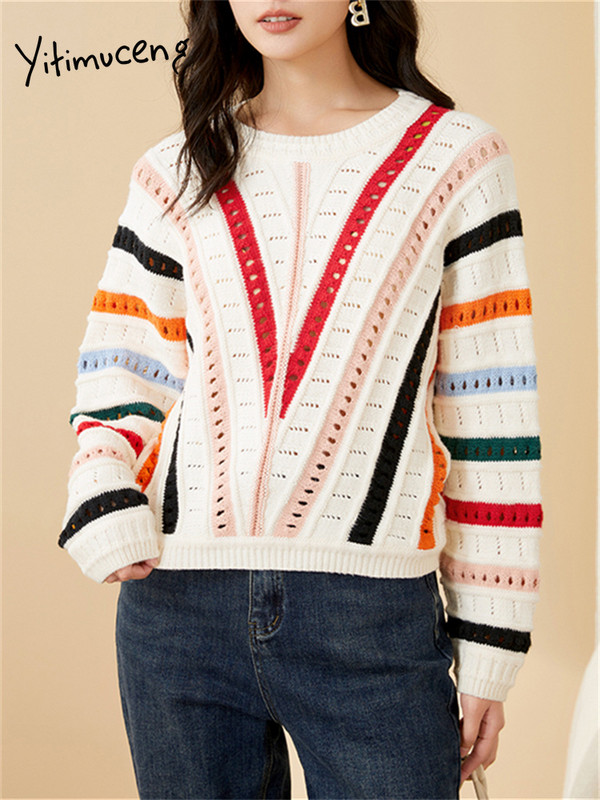 Yitimuceng Rainbow ριγέ πουλόβερ Γυναικεία 2023 Νέα μόδα Μακρυμάνικο O λαιμό Φθινοπωρινό χειμερινό πουλόβερ Χαλαρά πλεκτά κομψά πουλόβερ