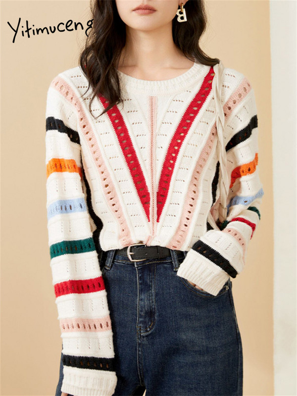 Yitimuceng Rainbow ριγέ πουλόβερ Γυναικεία 2023 Νέα μόδα Μακρυμάνικο O λαιμό Φθινοπωρινό χειμερινό πουλόβερ Χαλαρά πλεκτά κομψά πουλόβερ