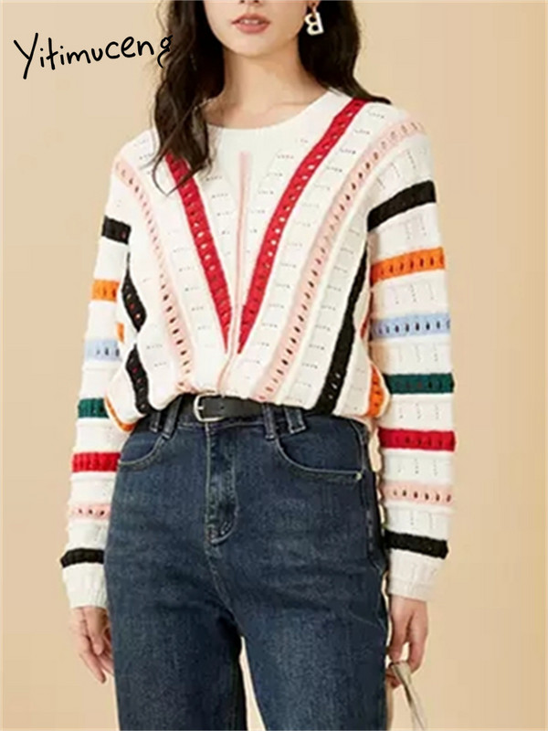 Yitimuceng Rainbow ριγέ πουλόβερ Γυναικεία 2023 Νέα μόδα Μακρυμάνικο O λαιμό Φθινοπωρινό χειμερινό πουλόβερ Χαλαρά πλεκτά κομψά πουλόβερ