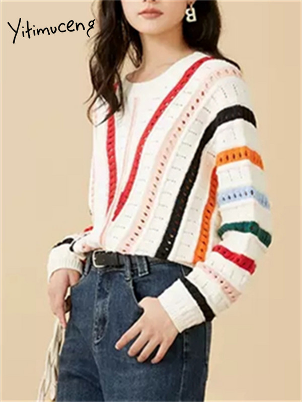 Yitimuceng Rainbow ριγέ πουλόβερ Γυναικεία 2023 Νέα μόδα Μακρυμάνικο O λαιμό Φθινοπωρινό χειμερινό πουλόβερ Χαλαρά πλεκτά κομψά πουλόβερ