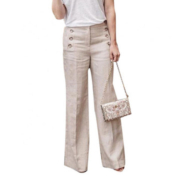 Παντελόνι με βαμβακερό μακρύ γυναικείο παντελόνι μονόχρωμο λινό με φαρδιά κουμπιά ψηλής μέσης