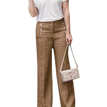 Παντελόνι με βαμβακερό μακρύ γυναικείο παντελόνι μονόχρωμο λινό με φαρδιά κουμπιά ψηλής μέσης