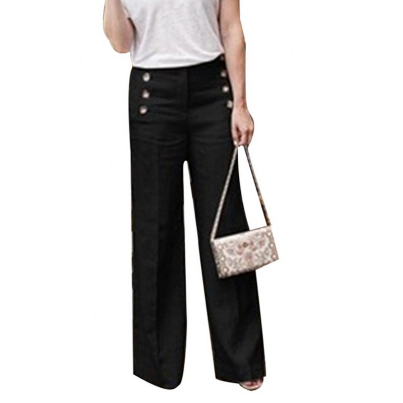 Püksid Puuvillane nööp Pikad Naiste Püksid Ühevärvilised Kõrge vöökoht Laia sääre nööbid Linane