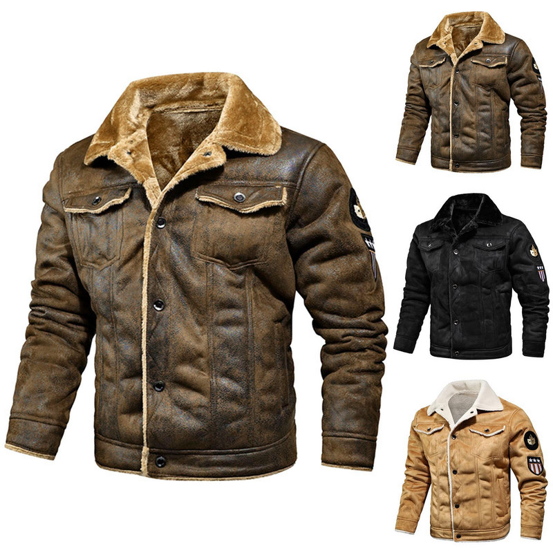 ανδρικά μπουφάν Thicken Faux Fur Fleece Jacket ανδρικό Loose Lambs Wool Lapel Pocket Outerwear Winter Chic Μονόστητο παλτό Street