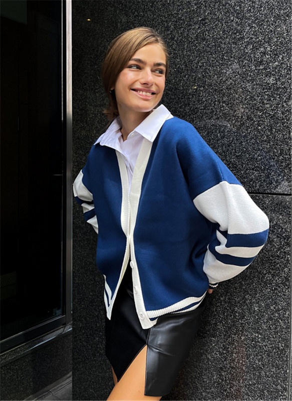 Sinine kampsun, kootud naiste V-kaelusega kontrastsete triipudega kardigan taskuga pulloverid kevad-sügis kampsun Y2k top džemprid kardiganid