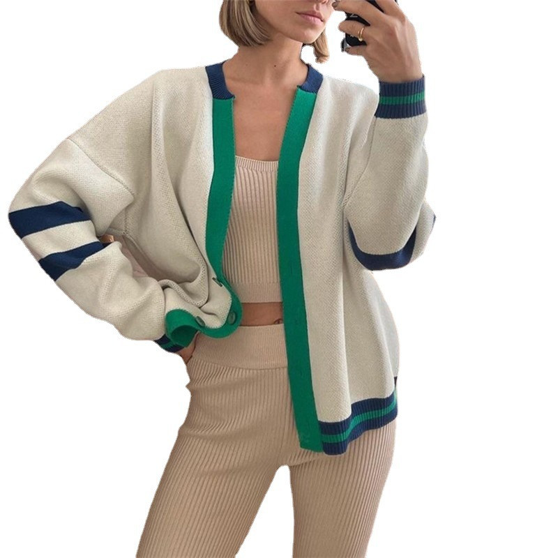 Sinine kampsun, kootud naiste V-kaelusega kontrastsete triipudega kardigan taskuga pulloverid kevad-sügis kampsun Y2k top džemprid kardiganid