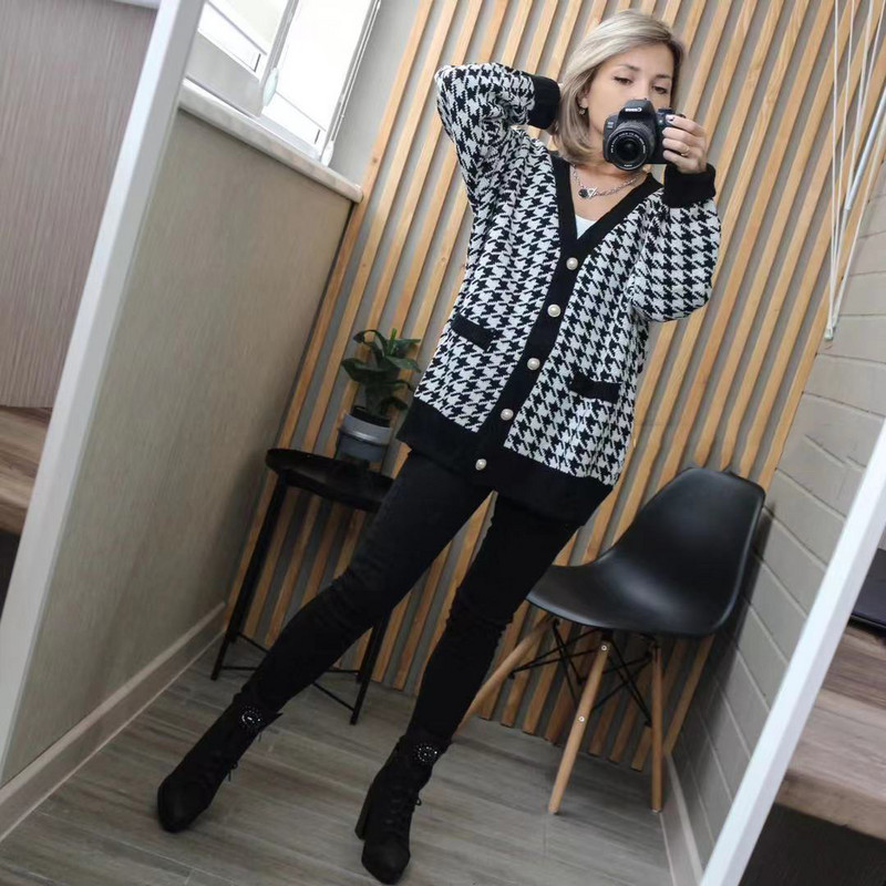 Houndstooth kardigan 2023 kevadkootud naiste V-kaelusega sügistalvine elegantne must ülerõivas Maxi Y2k kampsun mantel pehme jakk