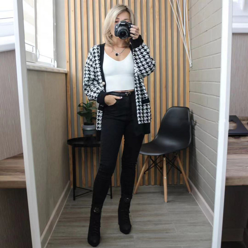Houndstooth kardigan 2023 kevadkootud naiste V-kaelusega sügistalvine elegantne must ülerõivas Maxi Y2k kampsun mantel pehme jakk