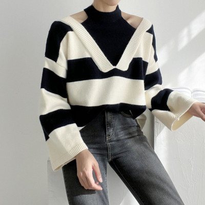 Ψεύτικο δύο τεμαχίων κορεατικής μόδας Halter Γυναικείο πουλόβερ με ανοιχτό ώμο Γυναικείο πουλόβερ συνονθύλευμα Colorblock ριγέ μακρυμάνικο πλεκτό μπλουζάκι