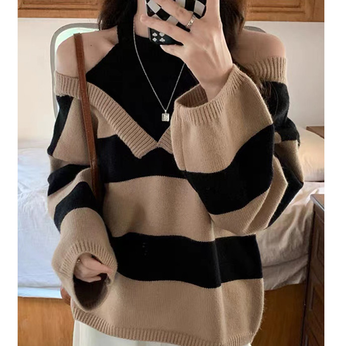 Ψεύτικο δύο τεμαχίων κορεατικής μόδας Halter Γυναικείο πουλόβερ με ανοιχτό ώμο Γυναικείο πουλόβερ συνονθύλευμα Colorblock ριγέ μακρυμάνικο πλεκτό μπλουζάκι