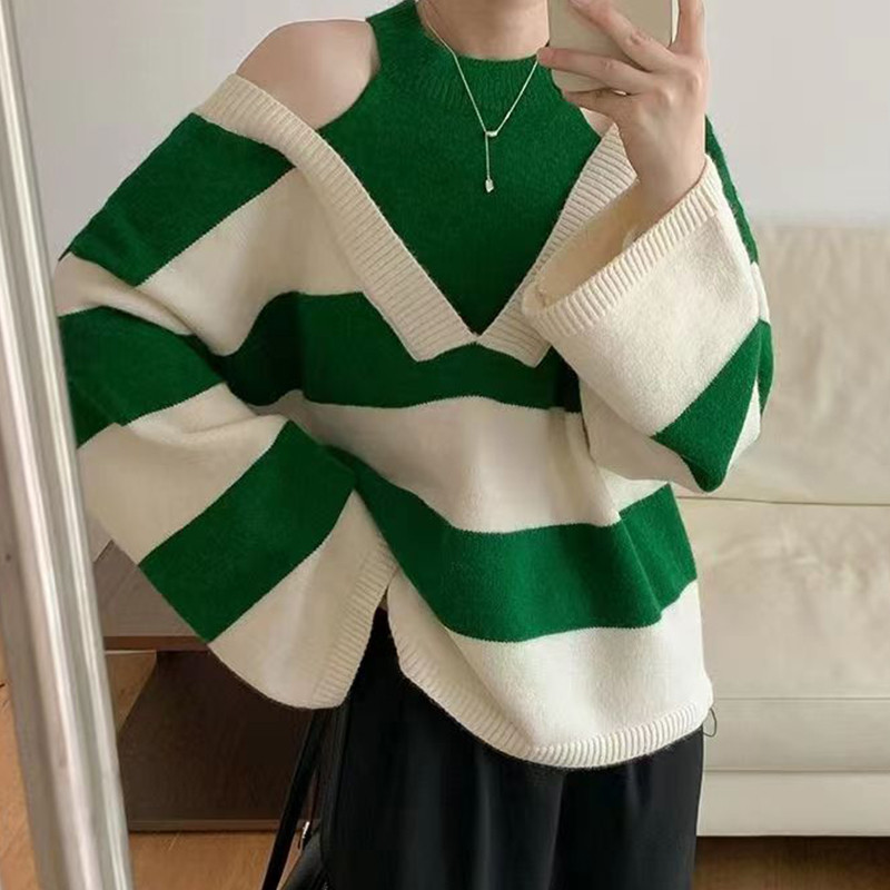 Ψεύτικο δύο τεμαχίων κορεατικής μόδας Halter Γυναικείο πουλόβερ με ανοιχτό ώμο Γυναικείο πουλόβερ συνονθύλευμα Colorblock ριγέ μακρυμάνικο πλεκτό μπλουζάκι