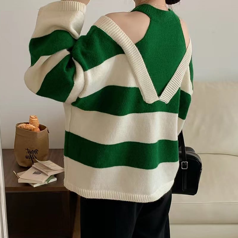 Ψεύτικο δύο τεμαχίων κορεατικής μόδας Halter Γυναικείο πουλόβερ με ανοιχτό ώμο Γυναικείο πουλόβερ συνονθύλευμα Colorblock ριγέ μακρυμάνικο πλεκτό μπλουζάκι