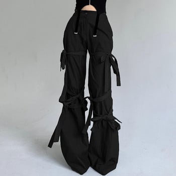 Ψηλόμεσο μαύρο καθημερινό παντελόνι Dark Design Sense με μπαλώματα με παπιγιόν, φθινοπωρινό νέο γυναικείο γοτθικό παντελόνι