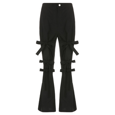 Ψηλόμεσο μαύρο καθημερινό παντελόνι Dark Design Sense με μπαλώματα με παπιγιόν, φθινοπωρινό νέο γυναικείο γοτθικό παντελόνι