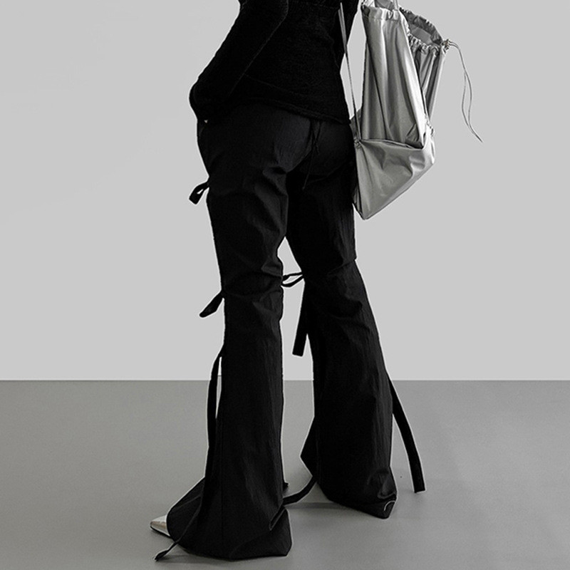 Ψηλόμεσο μαύρο καθημερινό παντελόνι Dark Design Sense με μπαλώματα με παπιγιόν, φθινοπωρινό νέο γυναικείο γοτθικό παντελόνι