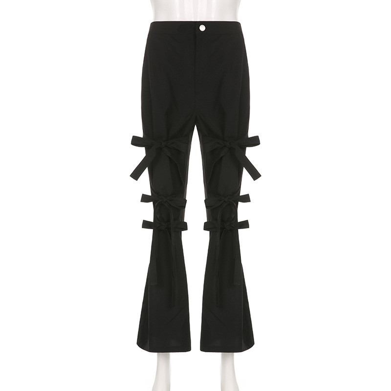 Ψηλόμεσο μαύρο καθημερινό παντελόνι Dark Design Sense με μπαλώματα με παπιγιόν, φθινοπωρινό νέο γυναικείο γοτθικό παντελόνι