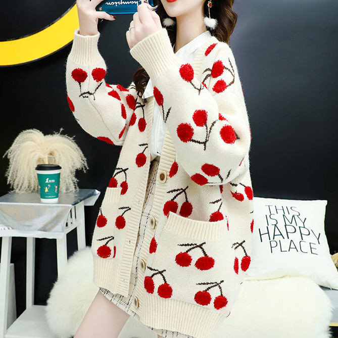 Talvemood naiste V-kaelusega nööpidega tasku trükitud kudumine kardigan Sügis uus magus avar laisk kampsun mitmekülgne mantel