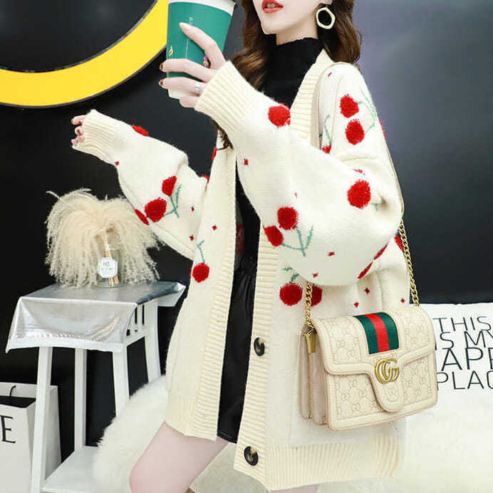 Talvemood naiste V-kaelusega nööpidega tasku trükitud kudumine kardigan Sügis uus magus avar laisk kampsun mitmekülgne mantel