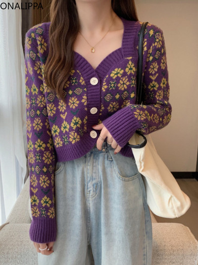 Onalippa Vintage τετράγωνο γιακά δεμένη κομμένη ζακέτα 2022 Νέο μονό στήθος φλοράλ ματισμένο πουλόβερ Γυναικεία ρούχα Κορεατικού στυλ