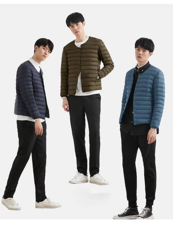 Muška puhasta jakna Ultra lagana 90% bijela pačija puhasta jakna Muška topla podstava otporna na vjetar s okruglim izrezom, lagana srednjeslojna jakna na gumbe