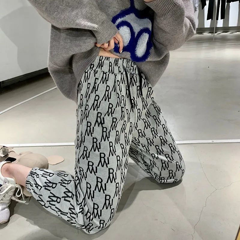 Γυναικείο ψηλόμεσο παντελόνι casual 2023 Νέο φθινοπωρινό κολάν άνοιξη Παντελόνι Φαρδύ καλοκαιρινό τύπωμα Φούτερ Μαύρο παντελόνι Γυναικείο