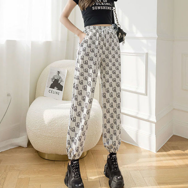 Γυναικείο ψηλόμεσο παντελόνι casual 2023 Νέο φθινοπωρινό κολάν άνοιξη Παντελόνι Φαρδύ καλοκαιρινό τύπωμα Φούτερ Μαύρο παντελόνι Γυναικείο