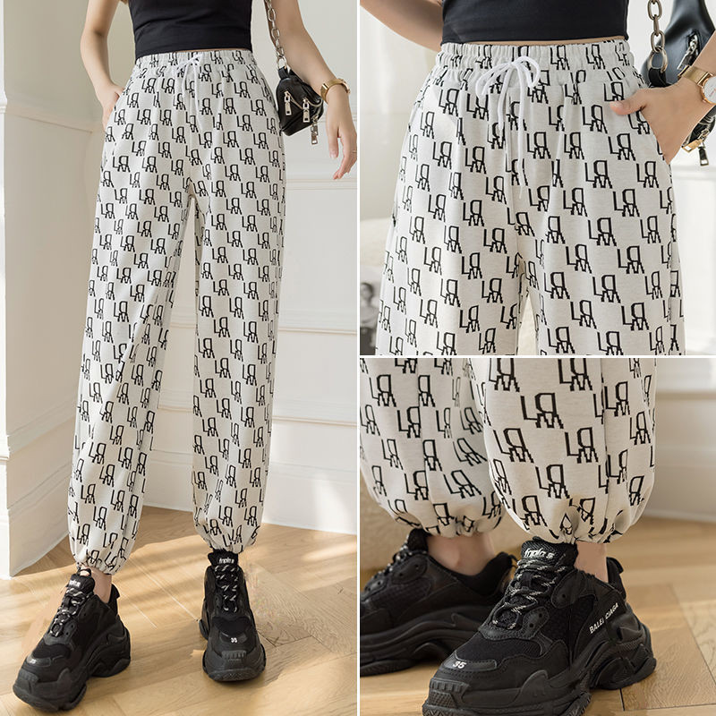 Γυναικείο ψηλόμεσο παντελόνι casual 2023 Νέο φθινοπωρινό κολάν άνοιξη Παντελόνι Φαρδύ καλοκαιρινό τύπωμα Φούτερ Μαύρο παντελόνι Γυναικείο