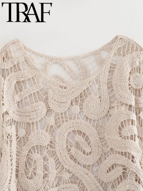 Πλεκτό γυναικείο πουλόβερ με βελονάκι TRAF 2023 Summer Hollow Out Μαύρο μακρυμάνικο φαρδύ πουλόβερ γυναικείο τοπ Y2K Mujar