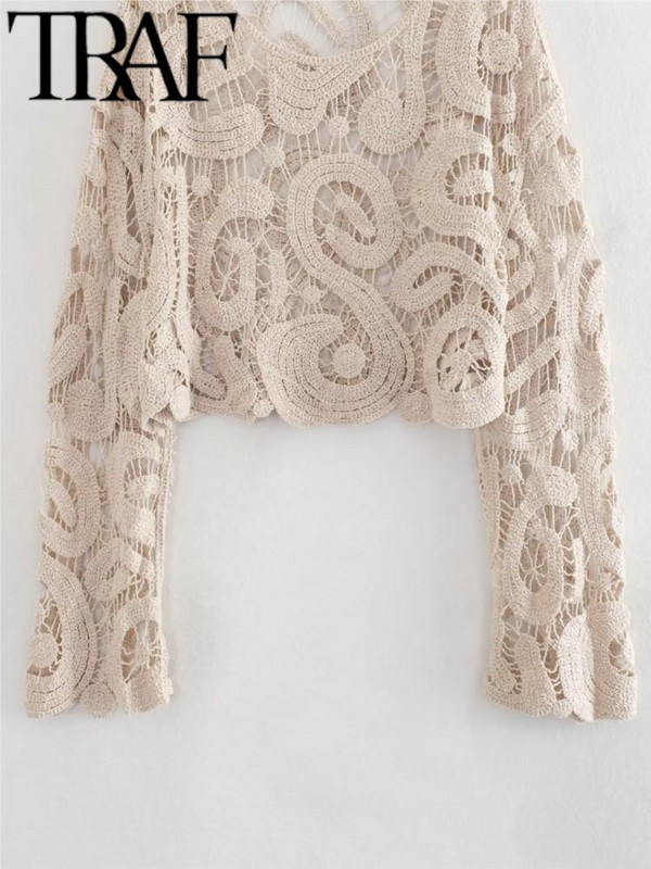 Πλεκτό γυναικείο πουλόβερ με βελονάκι TRAF 2023 Summer Hollow Out Μαύρο μακρυμάνικο φαρδύ πουλόβερ γυναικείο τοπ Y2K Mujar